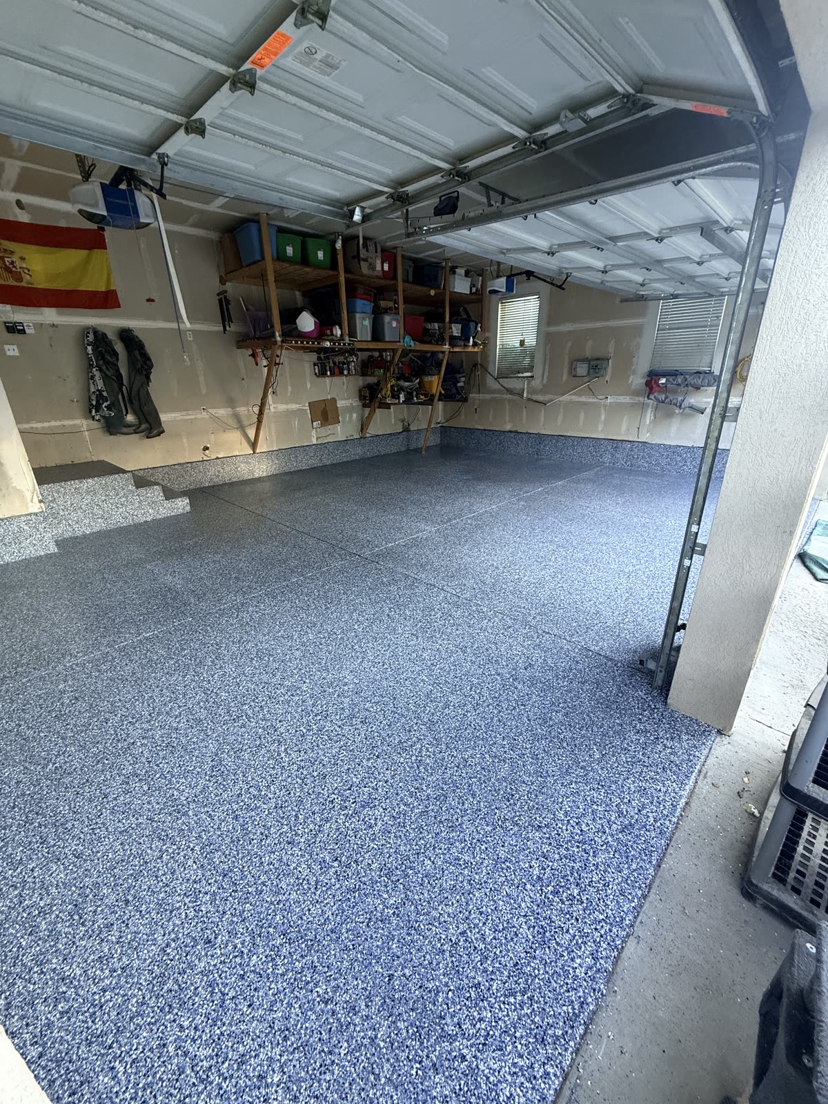 Blue flake epoxy garage floor installation - Salt Lake County