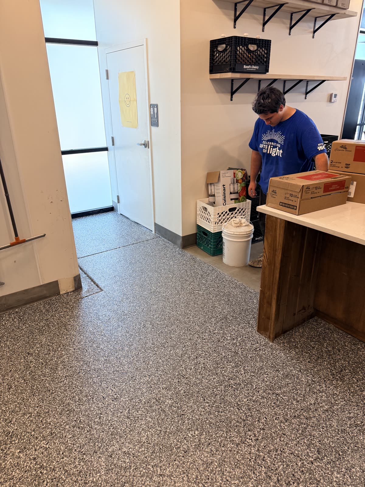 Commercial flake epoxy floor in a Utah bagel shop